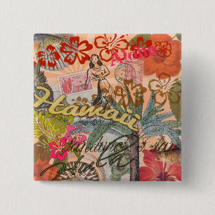 Bóton Quadrado 5.08cm Vintage Hawaii Viagem Colorful Hawaiian Tropical
