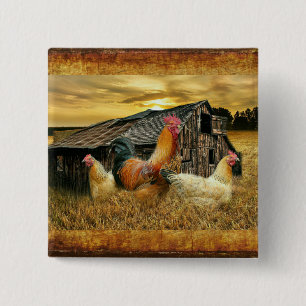 Bóton Quadrado 5.08cm Vintage Rooster Hens Russo Barn Coop
