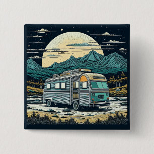 Bóton Quadrado 5.08cm Vintage RV nas montanhas com lua cheia