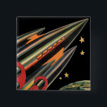 Bóton Quadrado 5.08cm Vintage Science Fiction Roket Ship by Space Stars<br><div class="desc">Ilustração de safra futurista e imagem de ficção científica de planetas. Um clássico design de ficção científica em quadrinhos retrô,  do futuro,  com um viagem e um foguete de transporte viajando pelo espaço através das estrelas e da lua no caminho de volta à Terra.</div>