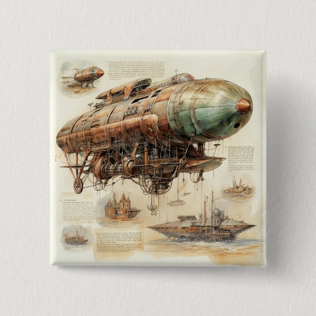 Bóton Quadrado 5.08cm Vintage Steampunk Zeppelin (4) (Frente)