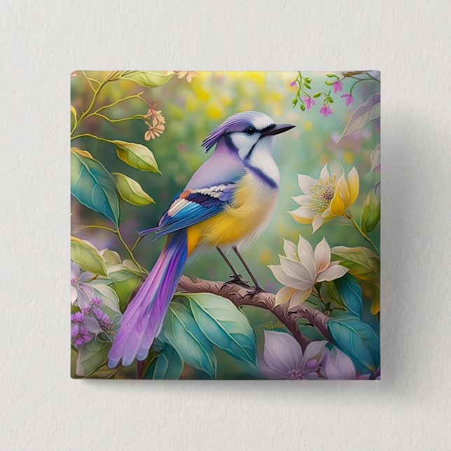 Bóton Quadrado 5.08cm Violet Tufted Jay Fantasy Bird (Frente)