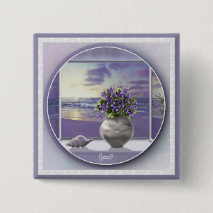 Bóton Quadrado 5.08cm Violetas num botão de vidro lua