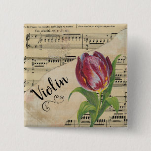 Bóton Quadrado 5.08cm Violin Elegant Tulip Vintage Sheet Music