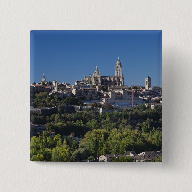 Bóton Quadrado 5.08cm Vista elevada da cidade com a Catedral de Segóvia (Frente)