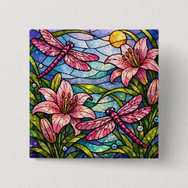 Bóton Quadrado 5.08cm Vitraux Lírios e Libélulas Rosa