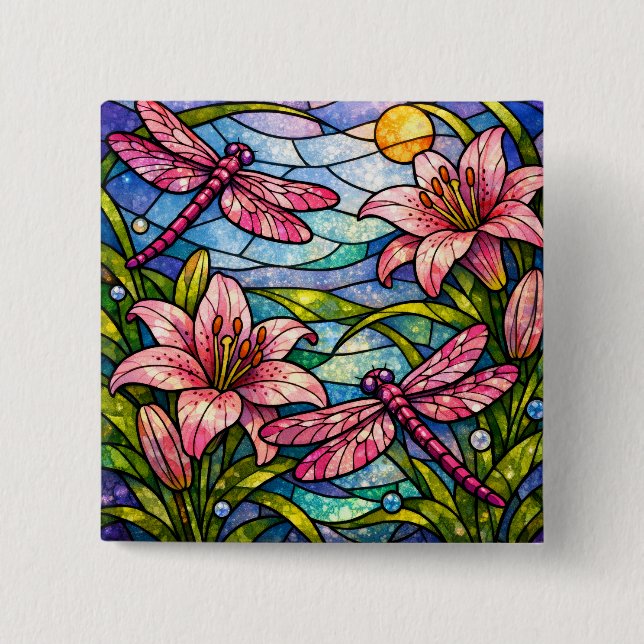 Bóton Quadrado 5.08cm Vitraux Lírios e Libélulas Rosa (Frente)