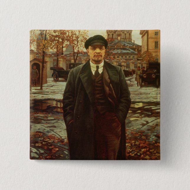 Bóton Quadrado 5.08cm Vladimir Ilyich Lenin em Smolny, c.1925 (Frente)