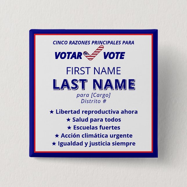Bóton Quadrado 5.08cm VOTAR VOTA Campanha Política Bilingue Espanhola (Frente)