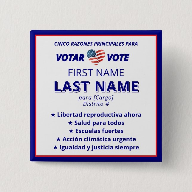 Bóton Quadrado 5.08cm VOTAR VOTA Coração Campanha Bilingue Espanhola (Frente)