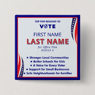 Bóton Quadrado 5.08cm Vote Nome do Candidato 2026 Plataforma Americana S