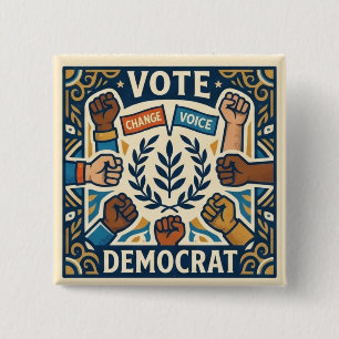 Bóton Quadrado 5.08cm Voto Democrata Coroa de Louro e Punho da Diversida