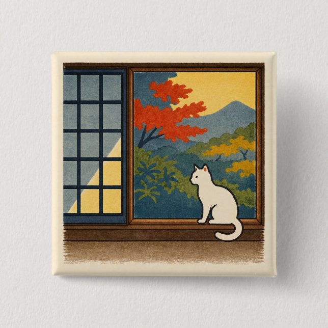 Bóton Quadrado 5.08cm Wa – Quiet Window with White Cat (Frente)