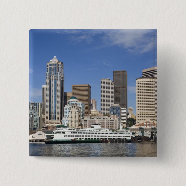 Bóton Quadrado 5.08cm WA, Seattle, panorama de Seattle com balsa (Frente)