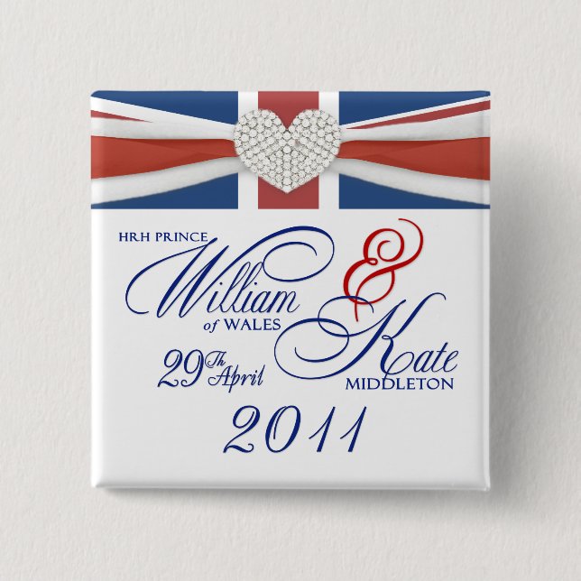 Bóton Quadrado 5.08cm William & Kate Wedding Comemorativo Keepsasain (Frente)