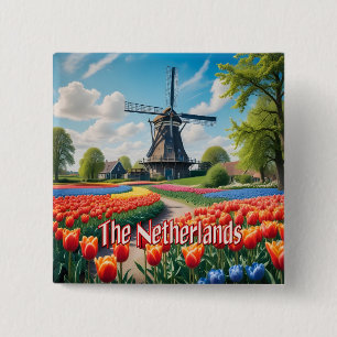 Bóton Quadrado 5.08cm Windmill & Tulips Países Baixos