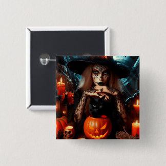 Bóton Quadrado 5.08cm Witch black cat candles Halloween