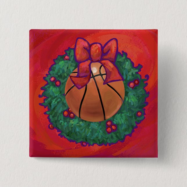 Bóton Quadrado 5.08cm Wreath de Natal Dentro de basquete (Frente)