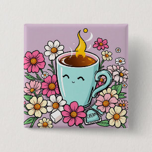 Bóton Quadrado 5.08cm Xícara de café quente e flores