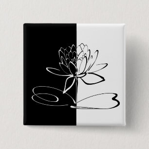 Bóton Quadrado 5.08cm Yin Yang Black White Lotus Blossom