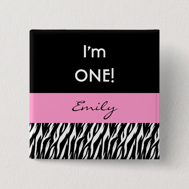 Bóton Quadrado 5.08cm Zebra moderna V02 da menina do primeiro (Frente)