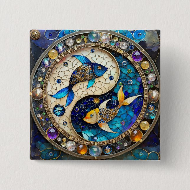 Bóton Quadrado 5.08cm Zodíaco - Peixes Yin e Yang (Frente)