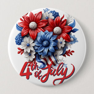Bóton Redondo 10.16cm 4 de julho Flores em Branco Vermelho e Patriótico 