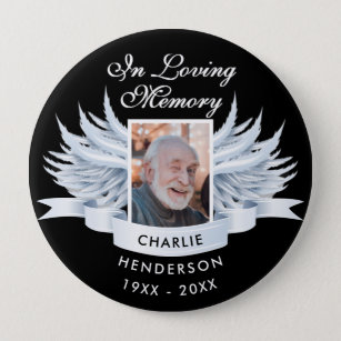 Bóton Redondo 10.16cm Angel Wings Photo Loving Memory Funeral/Memorial