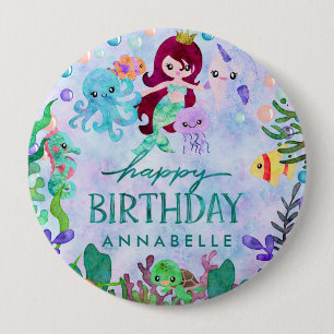 Bóton Redondo 10.16cm Animais Marinhos Fofos Tema Sereia Feliz Aniversár
