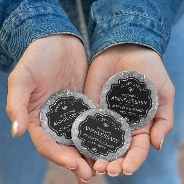 Bóton Redondo 10.16cm Aniversário de Casamento de 25 de Prata e Negra (Criador carregado)