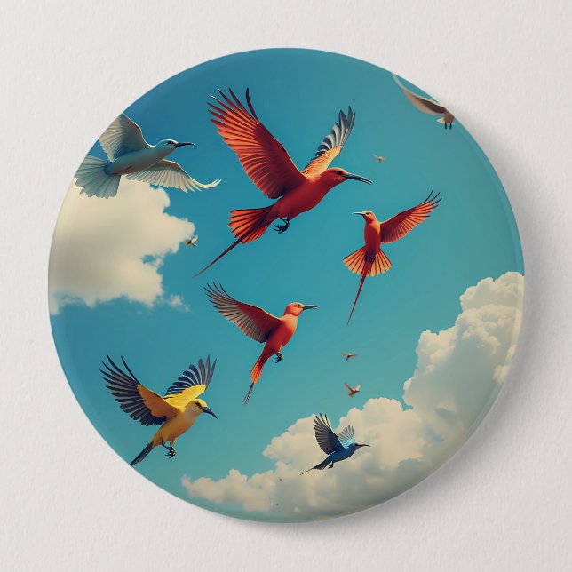 Bóton Redondo 10.16cm Aves coloridas num céu azul (Frente)