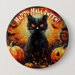 Bóton Redondo 10.16cm Black Cat Bats Pumpkins Whimsical Personalized