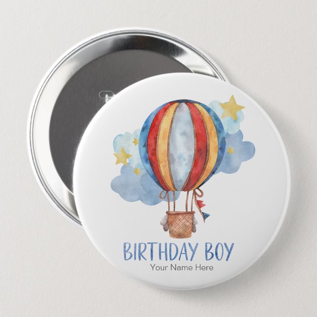 Bóton Redondo 10.16cm Blue Red Hot Air Balloon Stars Happy Birday Boy (Frente & Verso)