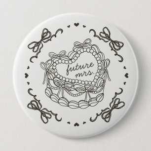 Bóton Redondo 10.16cm Bolo de Noiva Coquette Coração Retrô com Laço Bege