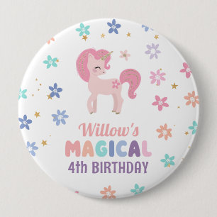 Bóton Redondo 10.16cm Botão de Aniversário da Menina Unicórnio Arco-Íris