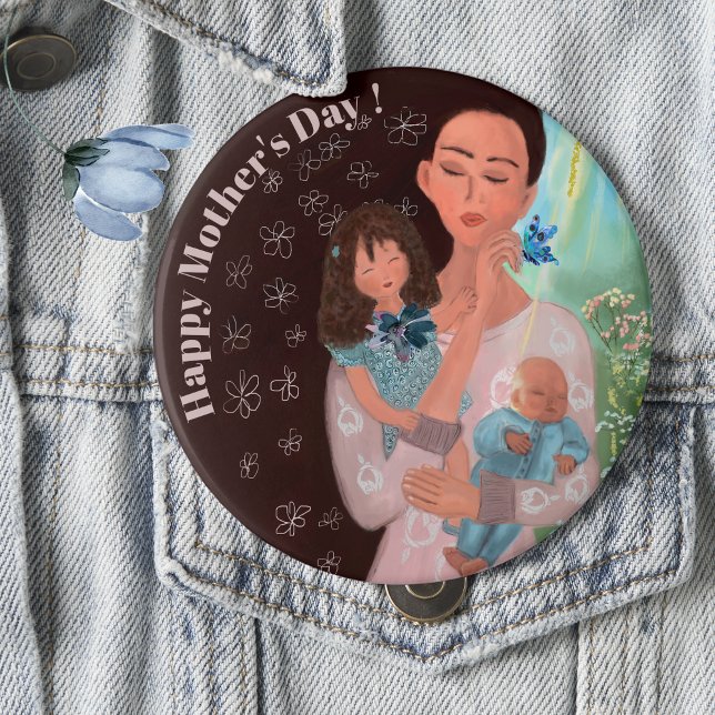 Bóton Redondo 10.16cm Botão feliz dia de as mães com crianças (Happy Mothers Day with kids Button, beautiful whimsical button)