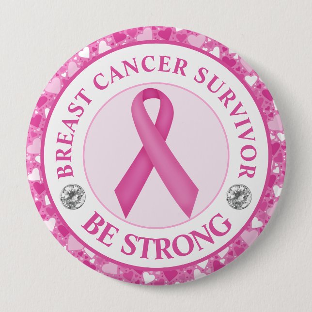 Bóton Redondo 10.16cm Breast Cancer Survivor – Pink Ribbon Heart Border (Frente)
