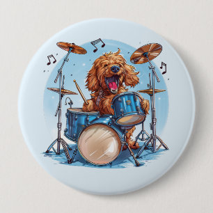 Bóton Redondo 10.16cm Cachorro Goldendoodle Tocando Bateria