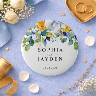 Bóton Redondo 10.16cm Casamento em aquarela floral elegante em amarelo e