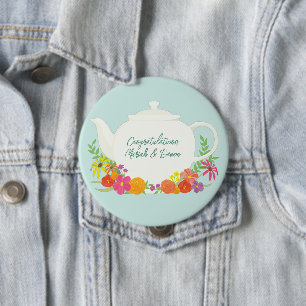 Bóton Redondo 10.16cm Chá de fraldas Tea Party Teapot Primavera Floral