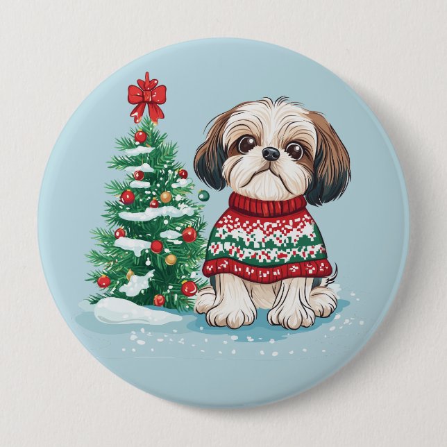 Bóton Redondo 10.16cm Christmas Shih Tzu Santa Dog (Frente)