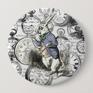 Bóton Redondo 10.16cm Coelho Branco Alice Relógios Arte Terra das Maravi