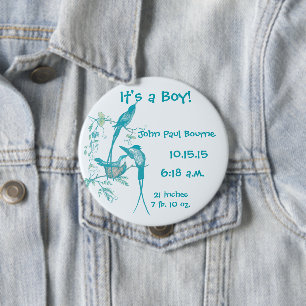 Bóton Redondo 10.16cm É um menino! Aqua Vintage Bird Mãe Pai Botão Bebê