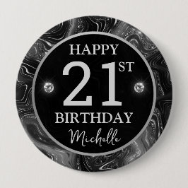 Bóton Redondo 10.16cm Elegant Black Marble Glitter Silver Birthday