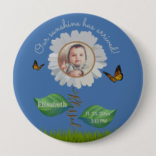 Bóton Redondo 10.16cm Elegante Daisy Blue Floral Cute Baby Photo e Name