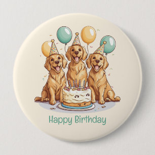 Bóton Redondo 10.16cm Feliz Aniversário Ouro Cachorros de Retriever