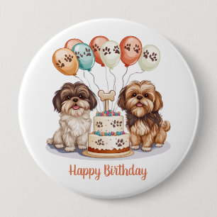 Bóton Redondo 10.16cm Feliz Aniversário Shih Tzu Cães Bolo de Aniversári