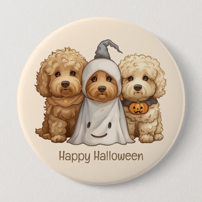 Bóton Redondo 10.16cm Feliz Cachorro de Goldendoodle de Halloween (Frente)
