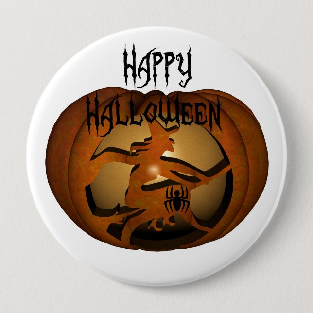 Bóton Redondo 10.16cm Feliz Dia das Bruxas Esculpido Pumpkin (Frente)