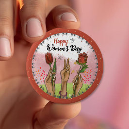 Bóton Redondo 10.16cm Feliz Dia das Mulheres Botão Vermelho Mãos seguran